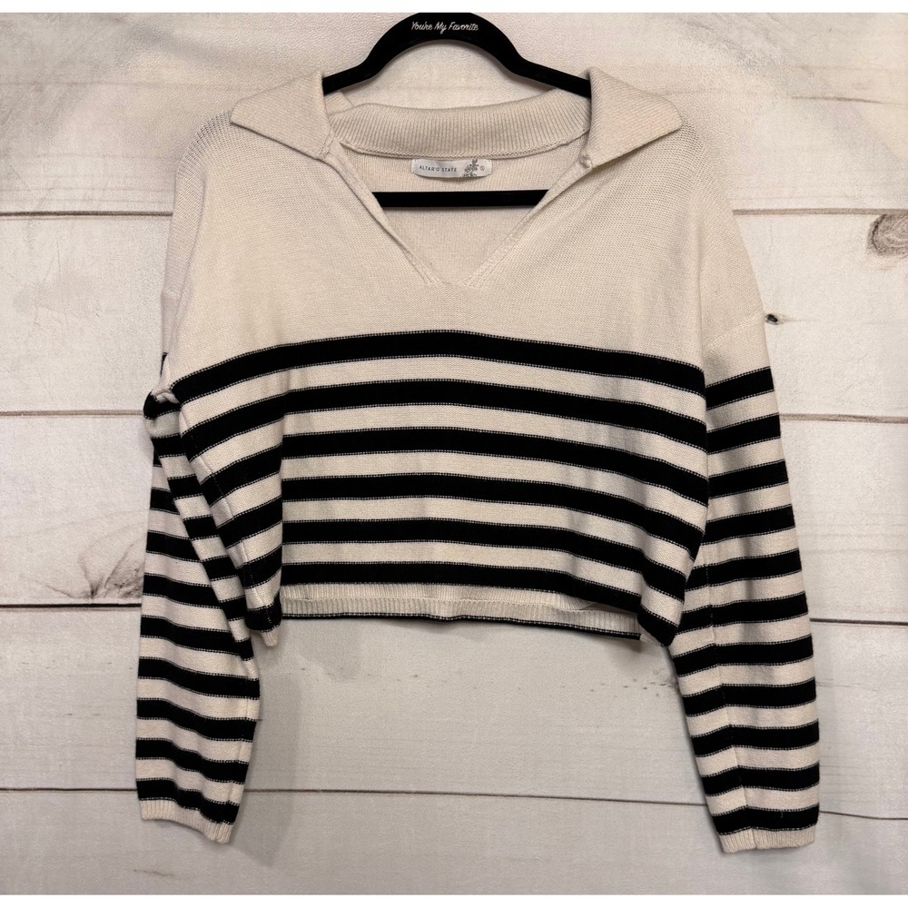 Altar State Striped Collared‎ V Neck Cropped Knit Sweater Women Size S